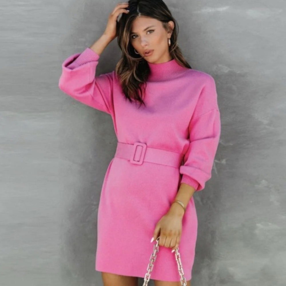 Elegant Pink Belted Mini Dress